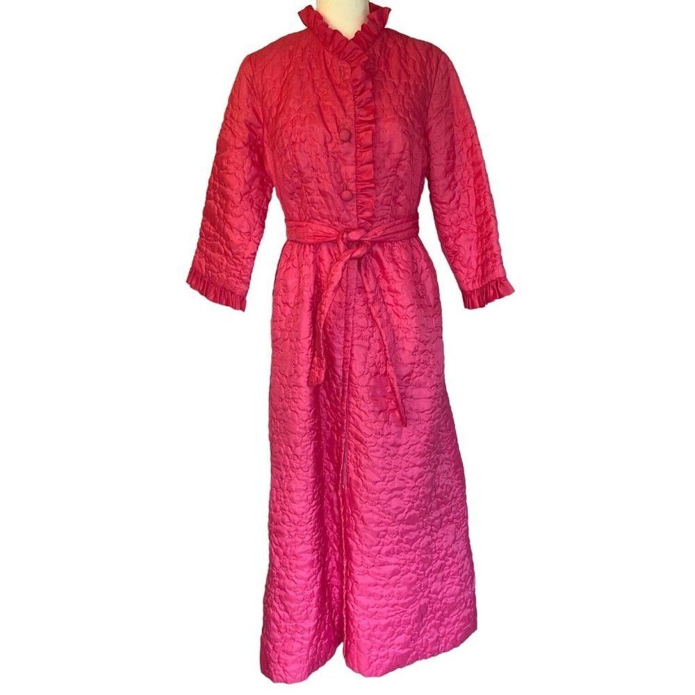 Vtg 50s/60s Barbie Hot Pink Quilted Satin Belted Housecoat Robe Size Medium